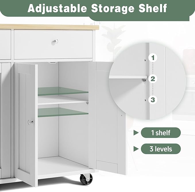 JY QAQA 39" Kitchen Island on Wheels with Storage Cabinet Kitchen Cart Cabinet with Shelves, Cart Handle for Towel Rack or Free Mobility, Portable Islands for Kitchen, White