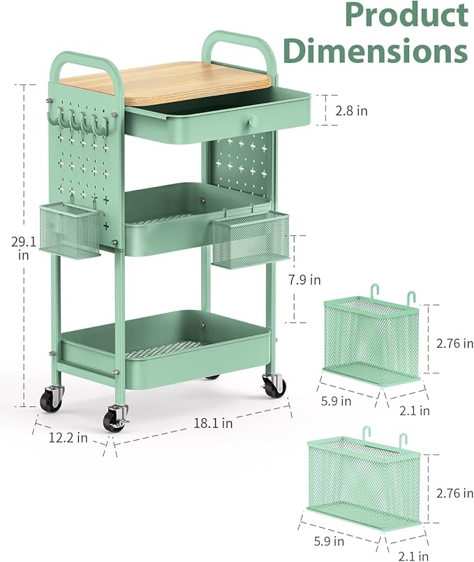 ALVOROG Rolling Cart with Drawer and Wood Table Top, 3 Tier Metal Rolling Utility Cart on Wheels with DIY Pegboards, Hanging Baskets, Hooks for Bedroom,Office,Craft Supplies