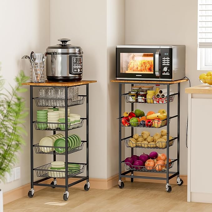 Kitchen Microwave Cart with Fruit Baskets, 5 Tier Microwave Table Stand with Fruit Vegetable Storage Small Rolling Cart on Wheels, Floor Organizers and Storage for Pantry Kitchen, Living Room