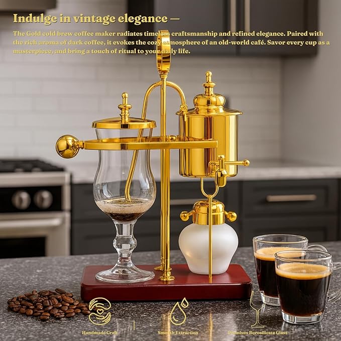 Nispira Belgium Royal Family Balance Syphon Unique Gravity Vintage Coffee Maker Vacuum Brewing System Gold 500 ml