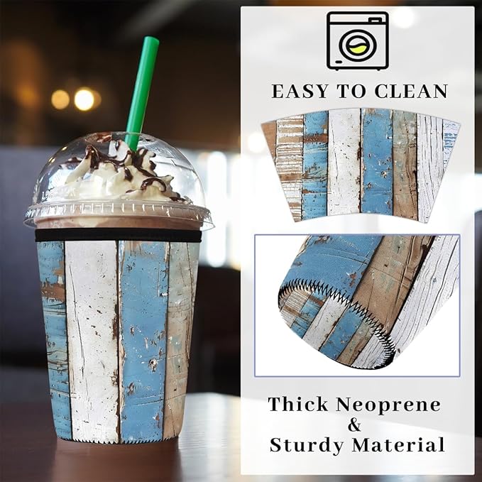 Rustic Beach Wooden Iced Coffee Sleeve for Cold Drink Cups, Reusable Neoprene Insulated Drink Sleeves Cup Cover for Beverages, Fits 32 oz