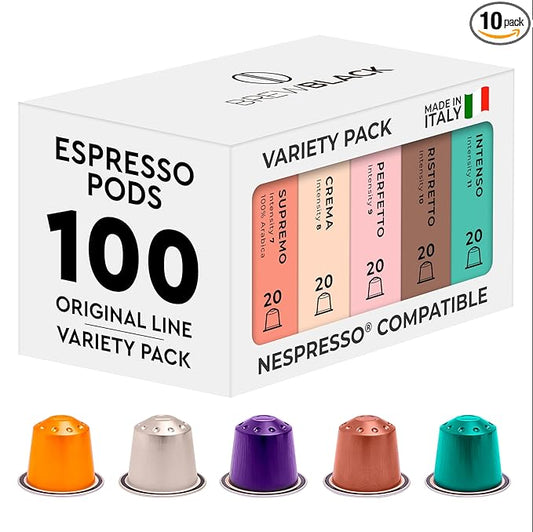 BrewBlack Variety Pack Coffee Capsules - 100 Aluminum Coffee Pods Compatible with Nespresso Original line, Medium and Dark Roast - Made in Italy