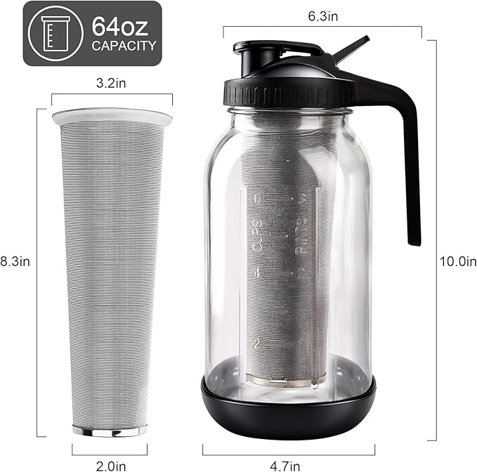 RuileMei Cold Brew Coffee Maker,64 oz mason jar pour spout lid, coffee carafe,Refillable Stainless Steel Filter,Non-slip silicone sleeve for glass pitcher, Homemade Beverage