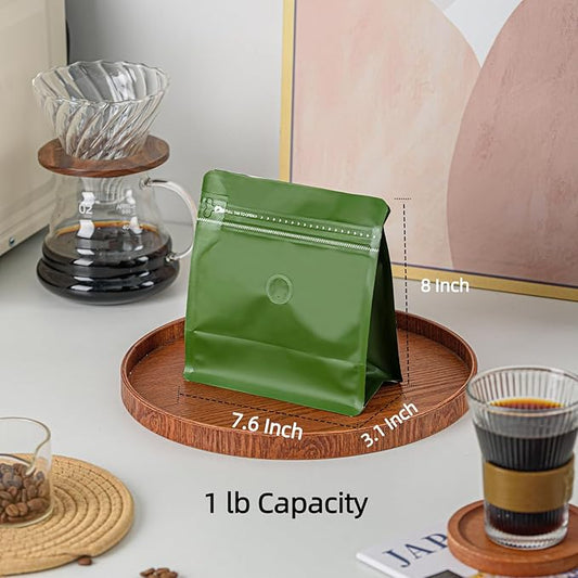 50 Pcs 1lb Green Sqaure Coffee Bean Bags with Valve, Easy Tear Open & Repeating Sealed Zipper, Heat-seal Stand Up & Flat Bottom Coffee Bag, 16oz Capacity 7.6x8 Inch