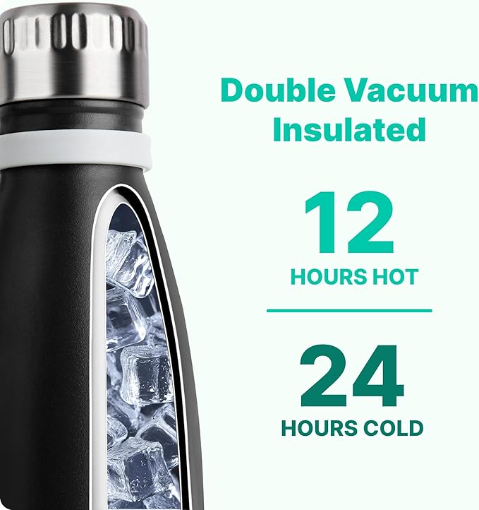 VINUR Kids Water Bottle-9 oz Stainless Steel Double Wall Vacuum Insulated Water Bottle for School-Cola Shape Flask with Carry Rope(Black)