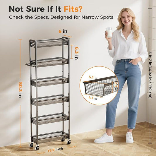 6 Tier Slim Storage Cart with Wheels, 6" D Rolling Storage Cart for Small Space, Metal Narrow Spice Cabinet Mobile Shelving Unit Organizer with Handle for Kitchen, Laundry - Black