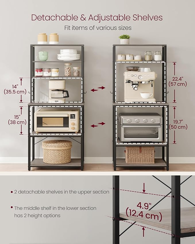 VASAGLE Coffee Bar, 23.6 Inches Baker's Rack for Kitchen with Storage, 6-Tier Kitchen Shelves with 6 Hooks, Microwave Stand, Industrial, Heather Greige and Ink Black UKKS024B02