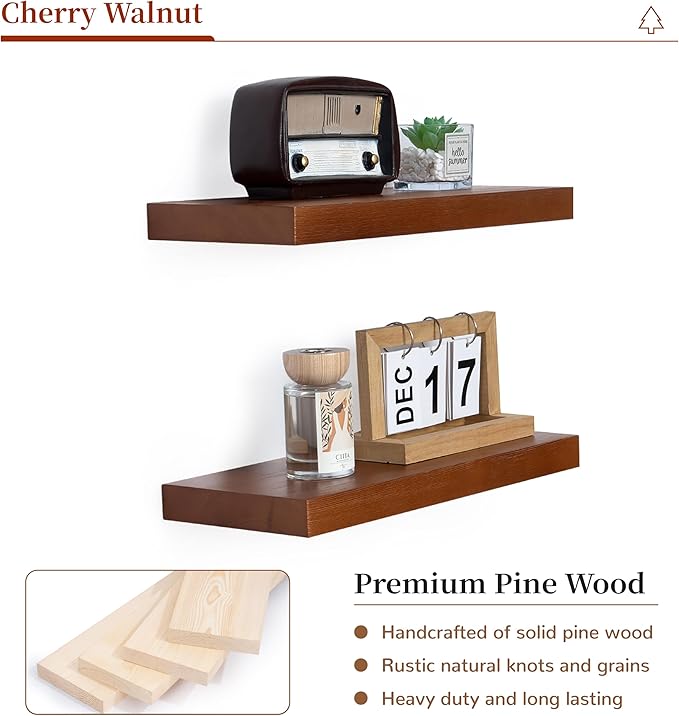 Marsmiles Wood Floating Shelves | Rustic Mahogany Wood Wall Shelves Set of 2 | 16" W x 6.7" D Wooden Floating Shelves for Bathroom Kitchen Living Room Bedroom
