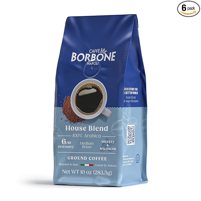 Caffè Borbone House Blend Ground Coffee (60 ounces) - Medium Roast, 100% Arabica, Expertly Roasted in Italy for a Rich and Smooth Taste, 6 Bags (10 oz each)