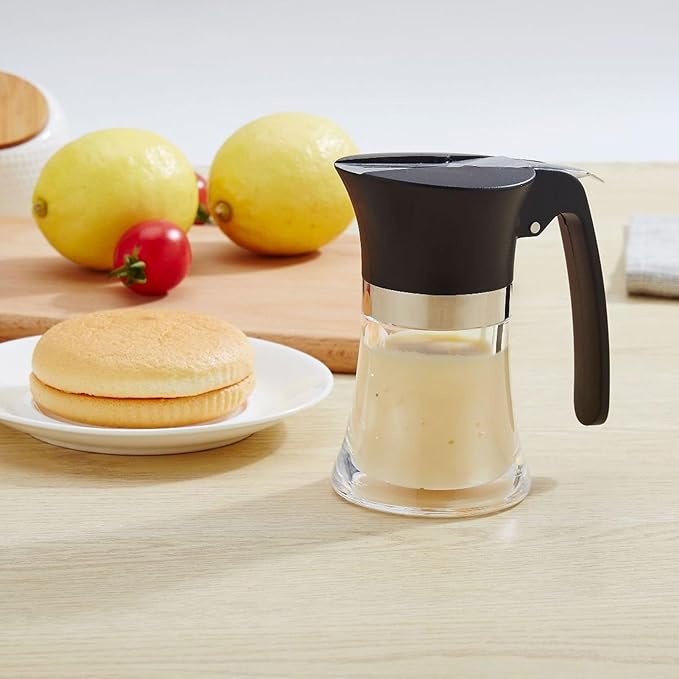 Bewinner 3.38Oz Syrup Dispenser, Honey Pot Glass Honey Dispenser Jar, Stainless Steel Maple Syrup Container Easy to Clean for Chocolate Peanut Butter Caramel