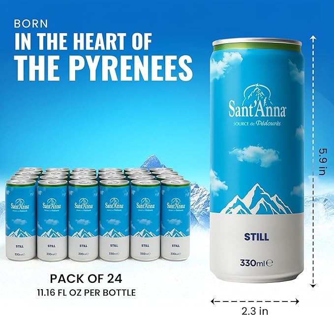 Sant'Anna Still Mineral Water, 11.16 Fl Oz (24-Pack) | Pure French Pyrenees Mountain-Fresh Drinking Water | Natural Functional Drink | Sodium-Free Mineral in Cans