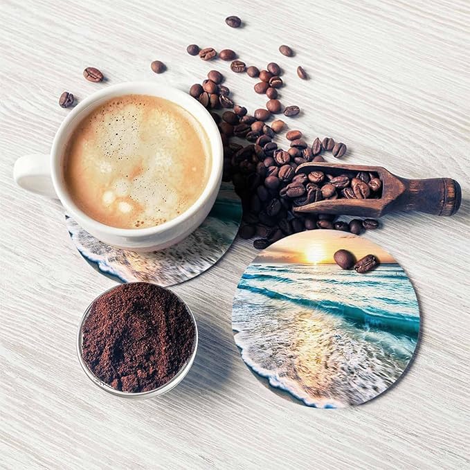 Beautiful Sea Wave and Sky at Sunset Cup Coasters for Table Clear Coast Beach Seascape Summer Travel Reusable Drink Coasters Set 2 Pcs Coffee Home Farmhouse Living Room Bar Decor
