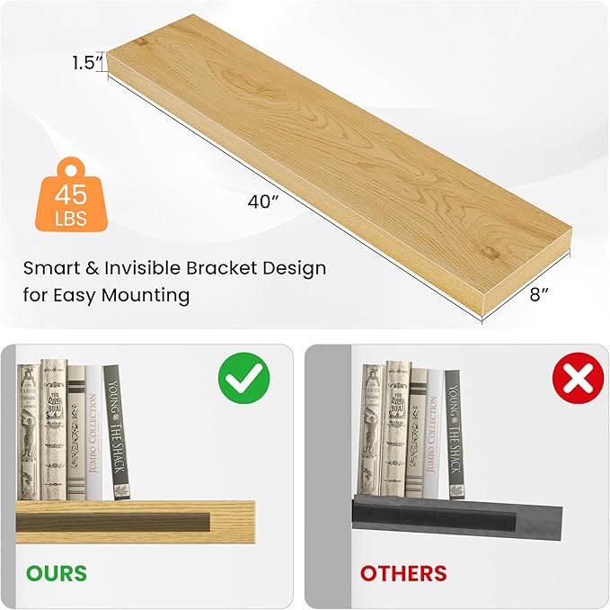 Floating Shelves for Wall, 40" W x 8" D x 1.5" H, Wooden Wall Mounted Display Shelves with Invisible Brackets for Living Room, Bedroom, Bathroom, Kitchen Decor and Storage, Set of 2, Oak