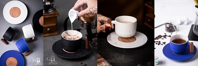 PRINCE G Japanese Style Ceramic Mug 130 ml with Matching Saucer – Handmade Minimalist Espresso, Coffee, Tea & Matcha Cup, Ideal Gift Set with Handgrip (BLUE)