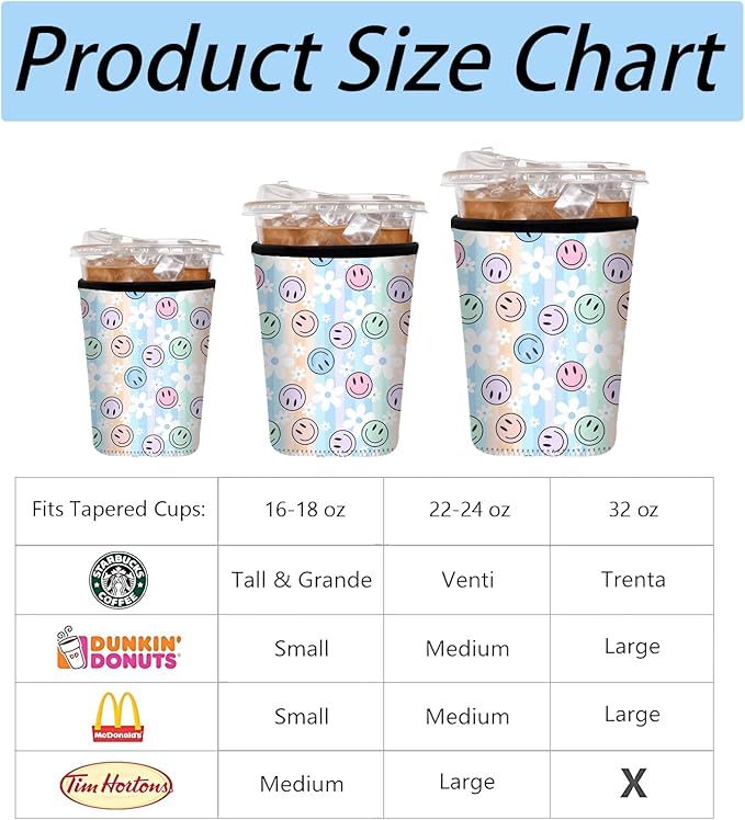 Neoprene Iced Coffee Sleeve 3 Pack, Reusable Insulated Coffee Cup Sleeves with Cute Smiley Face & Daisy Pattern, Fits 16–32 oz Tumblers, Compatible with Starbucks & Dunkin