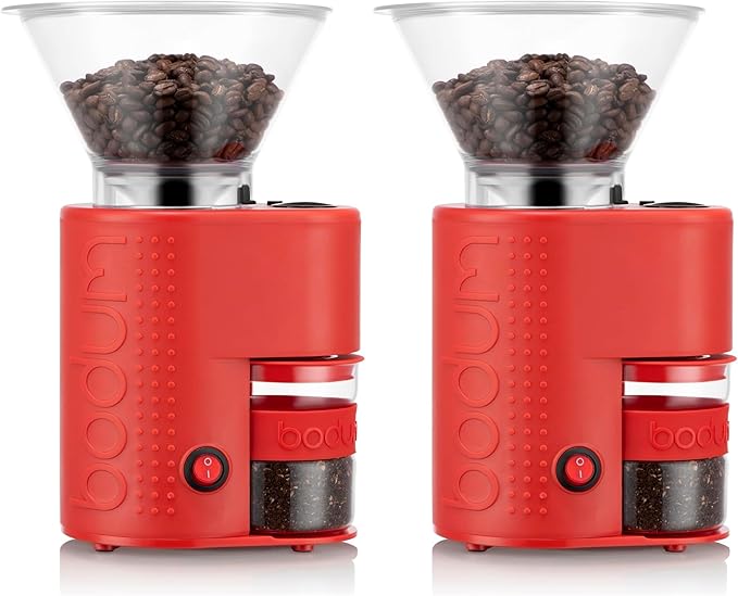 Bodum Bistro Electric Conical Burr Coffee Grinder, Preset Timer, 12 Grind Settings, Red (Pack of 2)