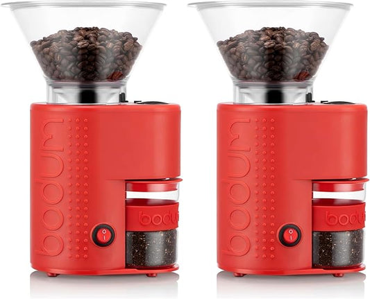 Bodum Bistro Electric Conical Burr Coffee Grinder, Preset Timer, 12 Grind Settings, Red (Pack of 2)