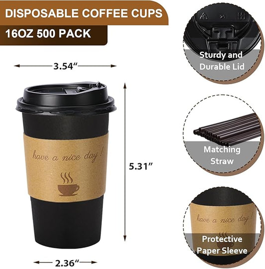 500 pack 12 oz Disposable Coffee Cups with Lids,To Go Coffee Cups for Home, Office, Cafes and Party (Black 16oz)
