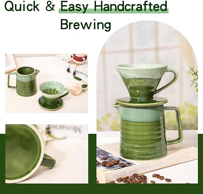 Topadorn Pour Over Coffee Maker Set, 13 Oz Ceramic Coffee Maker & Pour Over Coffee Dripper, Reusable Drip Coffee Maker for Café Restaurant Home Camping, Green