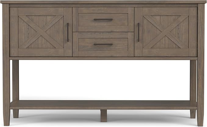 SIMPLIHOME Ela Console Table - 48 Inch Wide Solid Wood Sofa Table in Smoky Brown, Transitional Storage Table for Entryway or Living Room with 2 Drawers, 2 Cabinets, Open Shelf, and X-Panel Doors