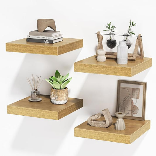 Square Floating Shelves for Wall, 10" W x 10" D x 1.4" H, Small Wooden Wall Mounted Display Shelves with Invisible Brackets for Living Room, Bedroom, Bathroom, Kitchen Decor, Set of 4, Oak