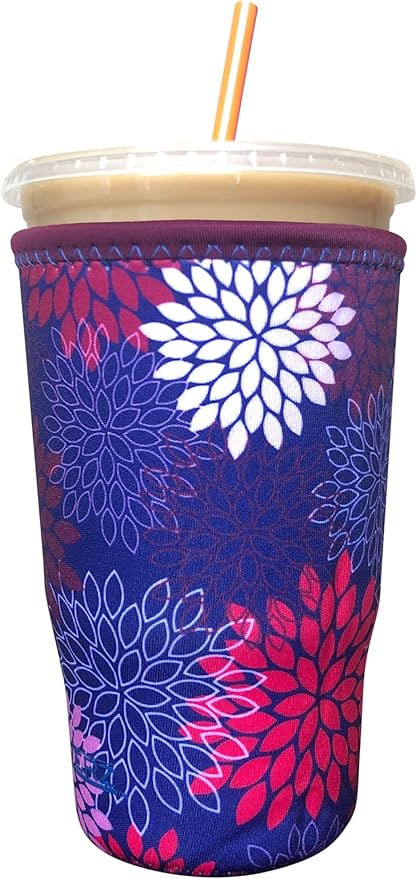 Koverz Iced Coffee Sleeve, Insulated Neoprene Cup Sleeve, Fits a 32 Oz. Coffee Cup, Washable and Reusable, Iced Coffee Accessories, Large Midnight Mums