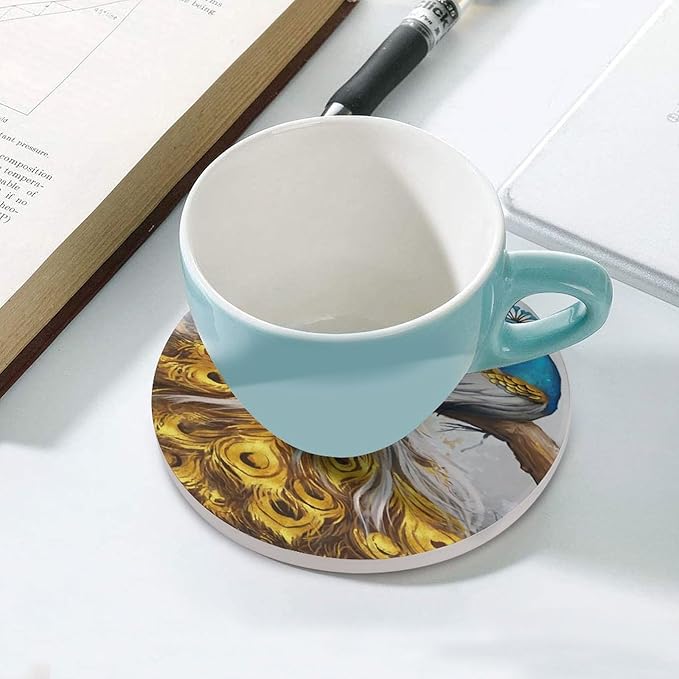Peacock Drink Coasters, Round Ceramic Drink Coaster Round-6PCS, Tree Branch Vintage Beautiful Gold Peacock Decor Absorbent Ceramic Coasters for Beverage Cup, Bar, Coffee Table