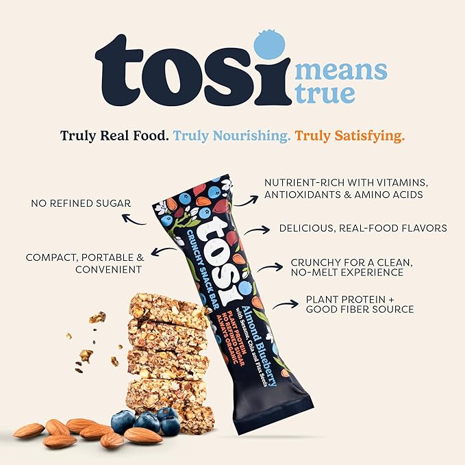 Tosi Nut Bars, Almond Blueberry, Healthy Snacks for Adults & Kids, Plant Based Crunchy Bars (6G Protein), Organic Keto Snacks, Vegan, Gluten & Soy Free, Low Sugar, Omega 3s, 1oz, 12-Pack