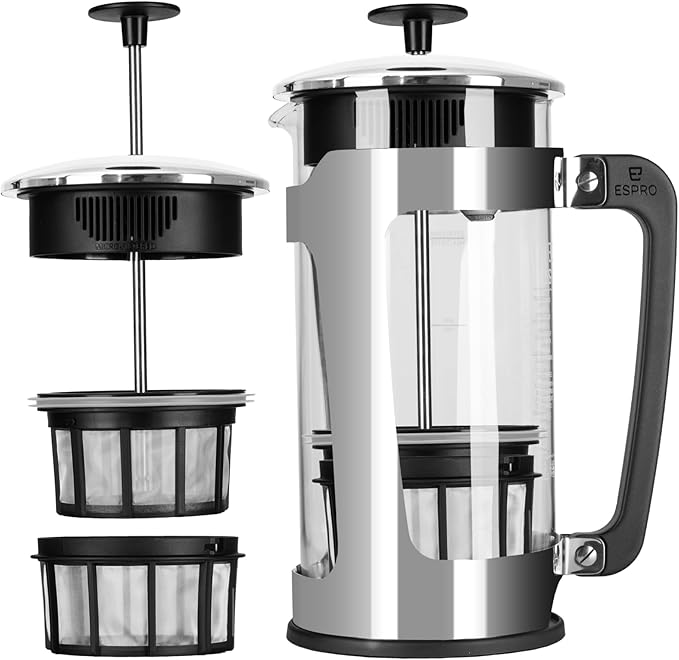 ESPRO P5 French Press Coffee Maker – Patented Double Micro-Filter for Grit Free Brew, Heat-Resistant Thicker Borosilicate Glass Coffee Press – 32 oz