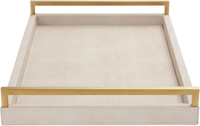WV Ivory Shagreen Leather Serving Tray with Gold Handles-17.7x11.8 Inch Large Wooden Decorative Ottoman Tray fro Coffee Table, Kitchen, Dining, and Home Decor (Ivory)
