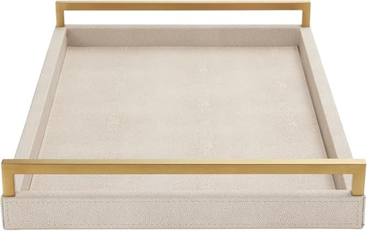 WV Ivory Shagreen Leather Serving Tray with Gold Handles-17.7x11.8 Inch Large Wooden Decorative Ottoman Tray fro Coffee Table, Kitchen, Dining, and Home Decor (Ivory)