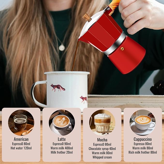 Vaolvpant 6 Cup Aluminum Moka Pot Classic Stovetop Espresso Coffee Maker 300ml 10oz Coffeemaker Percolator Mocha Pot Greca Coffee Maker Cafe Makers for Italian and Cuban Café Brewing Red