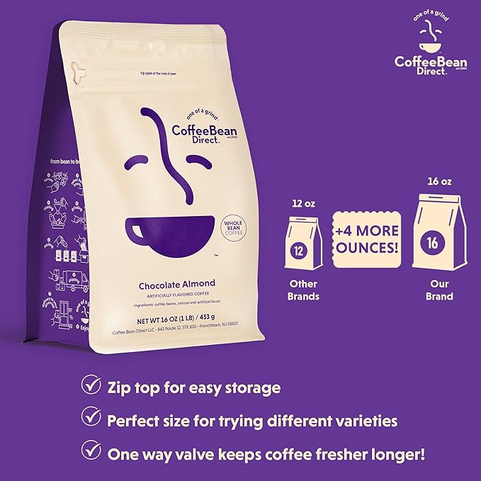 Coffee Bean Direct Chocolate Almond Flavored, Whole Bean Coffee, 1 Pound Bag (Pack of 1)