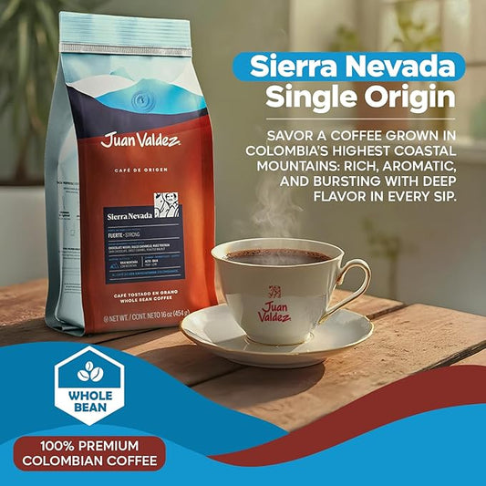 Juan Valdez Sierra Nevada Whole Bean Coffee | 100% Colombian Coffee | Single Origin with Notes of Chocolate, Caramel & Roasted Nuts | 16 oz / 454 gr