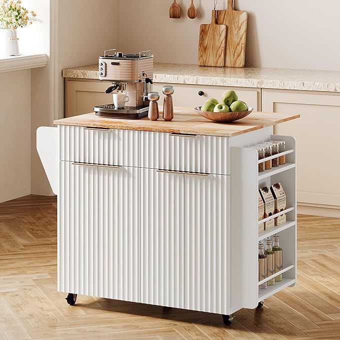 VINGLI Kitchen Island Cart, Large Rubber Wood top Mobile Cart with Storage, Adjustable Shelves, Towel Rack & Safety Bar Storage, Fluted Portable Rolling Kitchen Island with Drop Leaf, White