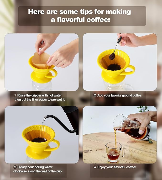 Pour Over Coffee Dripper - Ceramic Cup, Pour Over Coffee Maker Cone, Porcelain Cone, Easy Manual Brew Maker - Strong Flavor Brewer for Home, Cafe, Office - 1-4Cup, V60 Size 02 (Bright Yellow)
