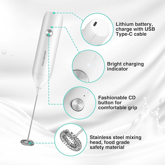 HAUSHOF Powerful Rechargeable Milk Frother Wand, Handheld Electric Foam Maker, Drink Mixer with Detachable Stainless Steel Whisk for Coffee Latte, Cappuccino, Matcha, No Stand, White