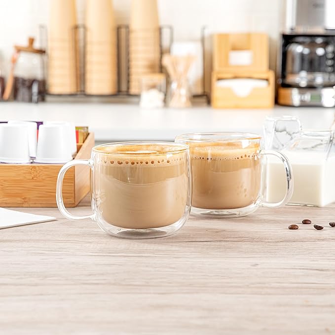 Restaurantware Glass Espresso Cups 12 Count 17 Ounces Borosilicate Double Wall Glass Coffee Mugs Insulated Clear Tea Drinkware for Hot or Cold Beverages