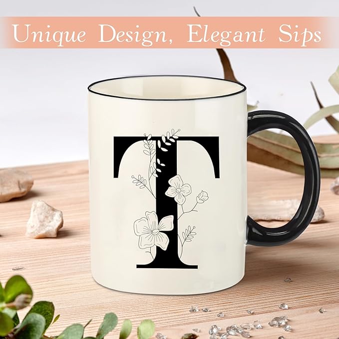 Monogram Ceramic Coffee Mugs, 11 oz Initial Drinking Cup with Gift Box, Unique Birthday Valentines Day Gifts for Women Wife Mothers Day Grandma Mom Aunt, T