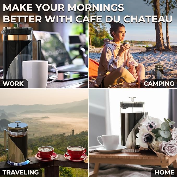 Cafe Du Chateau Stainless Steel French Press Coffee Maker 34 oz - Easy to Use Insulated Coffee Press with 4-Level Filtration, Manual Brewer for Tea, Camping & Travel with BPA Free, Durable Clear Glass