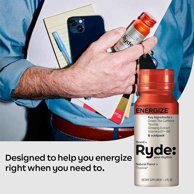 Ryde: Energize Shot | Tropical Flavor | Green Tea Caffeine, Taurine, Ginseng Extract & B Vitamins | 0 Calories, 0 Sugar | 2 FL OZ Shots | Boosts energy* (8 Pack)