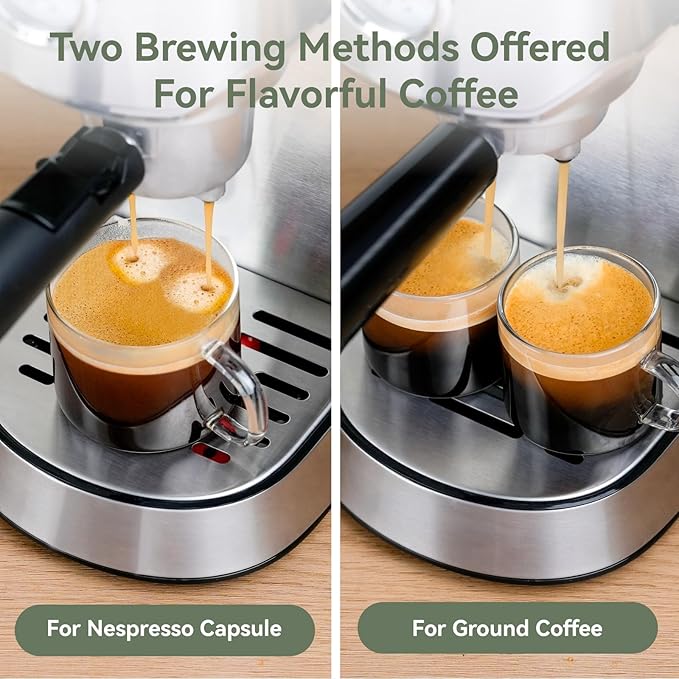 Gevi Espresso Machine 20 Bar with Portafilter for Nespresso Original Capsules and Coffee Powder, Professional Espresso Maker with Milk Frother for Cappuccino, Latte, Compact Espresso Coffee Machine