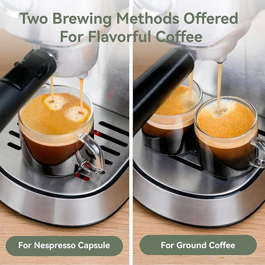 Gevi Espresso Machine 20 Bar with Portafilter for Nespresso Original Capsules and Coffee Powder, Professional Espresso Maker with Milk Frother for Cappuccino, Latte, Compact Espresso Coffee Machine