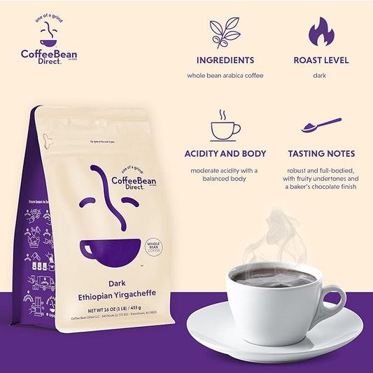 Coffee Bean Direct Dark Ethiopian Yirgacheffe, Whole Bean Coffee, Dark Roast, 1 Pound Bag (Pack of 1)