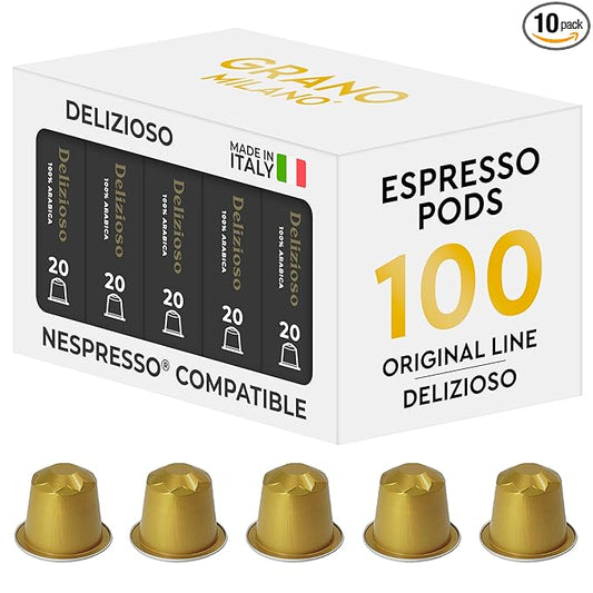 Grano Milano Delizioso Coffee Capsules - 100 Aluminum Coffee Pods Compatible with Nespresso Original line,100% Arabica Medium Roast - Intensity 6/12, Made in Italy