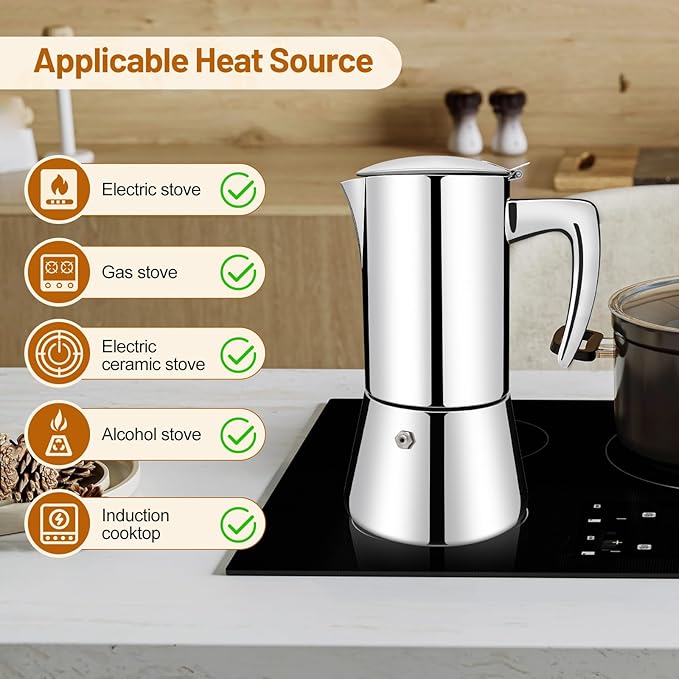 Vaolvpant No Coating 4 Cup Thickened 304 Stainless Steel Moka Pot Stovetop Espresso Maker Italian Coffee Machine 200ml 6.8oz Suitable for Gas Induction Stovetop Greca Coffee Maker Percolator