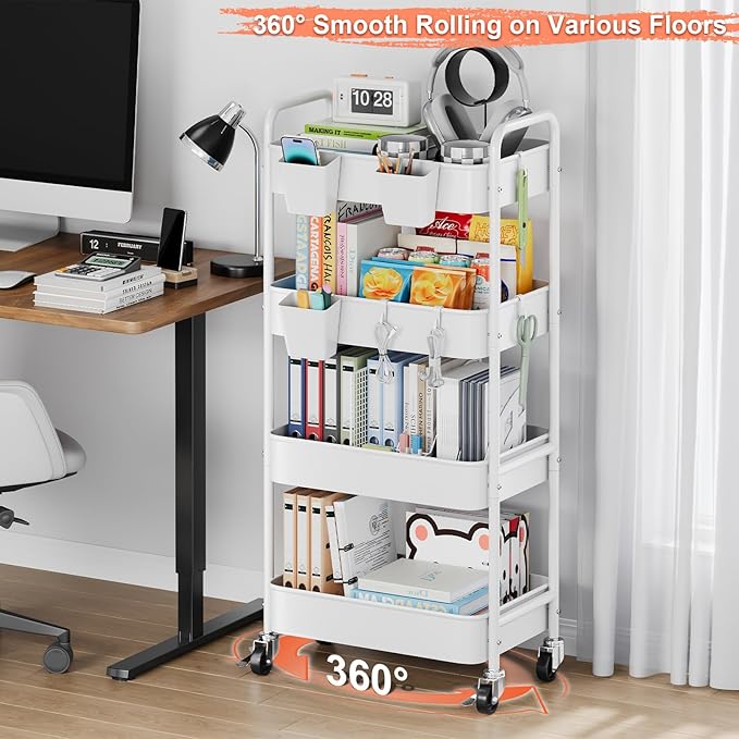 4 Tier Rolling Cart Metal with Wheels, White Four Tiered Rolling Storage Cart on Wheels, Utility Roller Carts Organizer for Art, Craft, Baby Diaper Caddy, Snack, Book, Large-Capacity Shelving Units