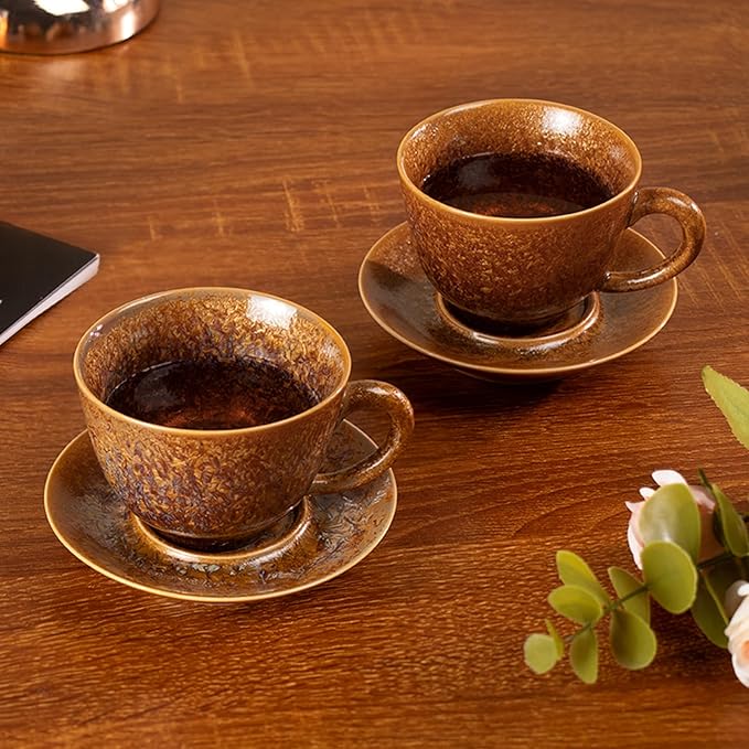 KAMMAK Tea Cups and Saucers Set of 2, Porcelain Coffee Cups, 4.3oz Crystalline Glaze Espresso Mugs, Ceramic Demitasse for Coffee, Cappuccino, Latte, Americano, Tea (Golden Crystal)