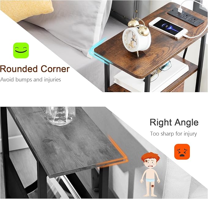 Narrow End Table Living Room with Charging Station, Skinny Side Table with Fabric Drawers, Slim LED Nightstand for Bedroom, Small Spaces, Couch, Rustic Brown, HETNDP03LPBR-1