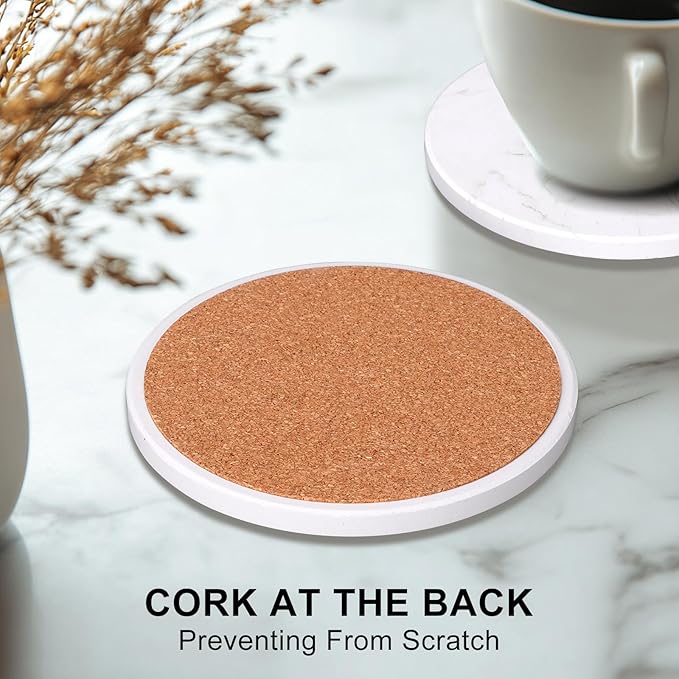 Coasters Set of 6 White Marble Style Ceramic Drink Coasters with Holde Coffee Table Decor Drinks Absorbent Stone Coasters for Rustic Farmhouse, Bar, Coffee, Table, Desk, Gifts